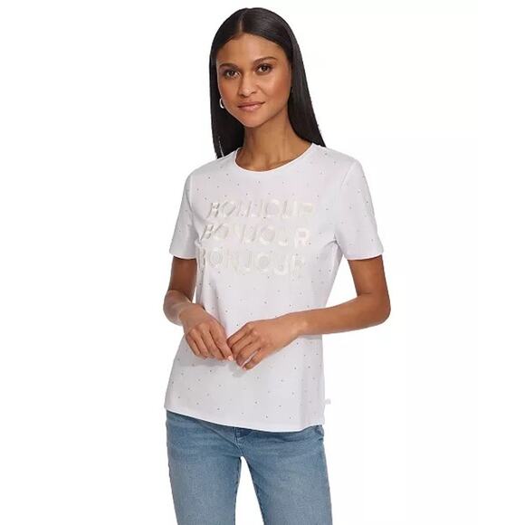 Karl Lagerfeld Tops - Karl Lagerfeld Paris Women's Embellished Bonjour T-Shirt in White Size Medium